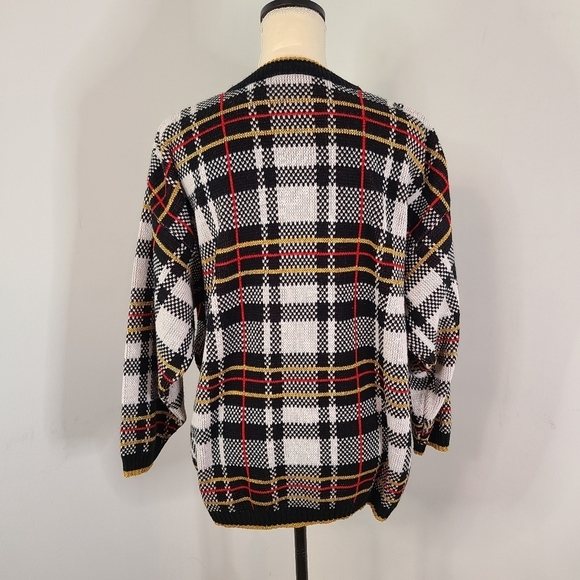 VTG Midnight Blues Metallic Plaid V Neck Sweater MED 90's Academia Relaxed Retro - Picture 2 of 10